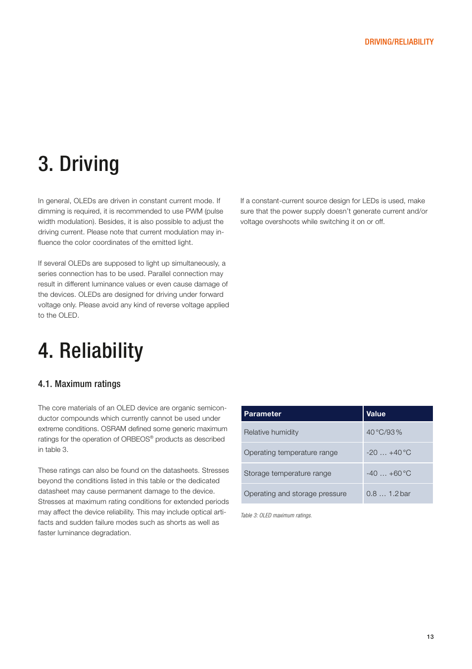 Driving, Reliability, Maximum ratings | OSRAM ORBEOS Components User Manual | Page 13 / 20