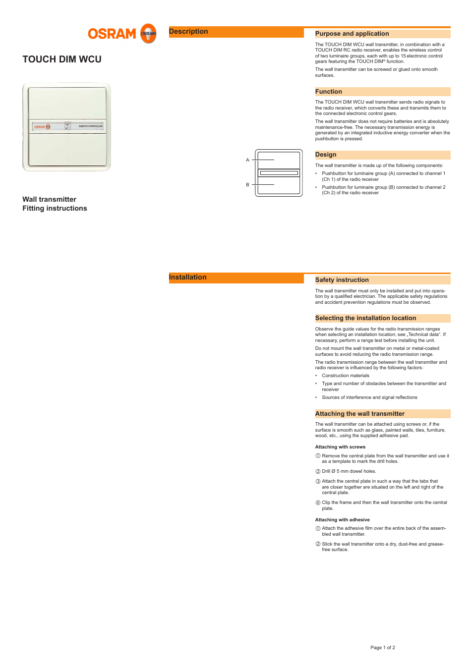 OSRAM Touch DIM WCU User Manual | 2 pages