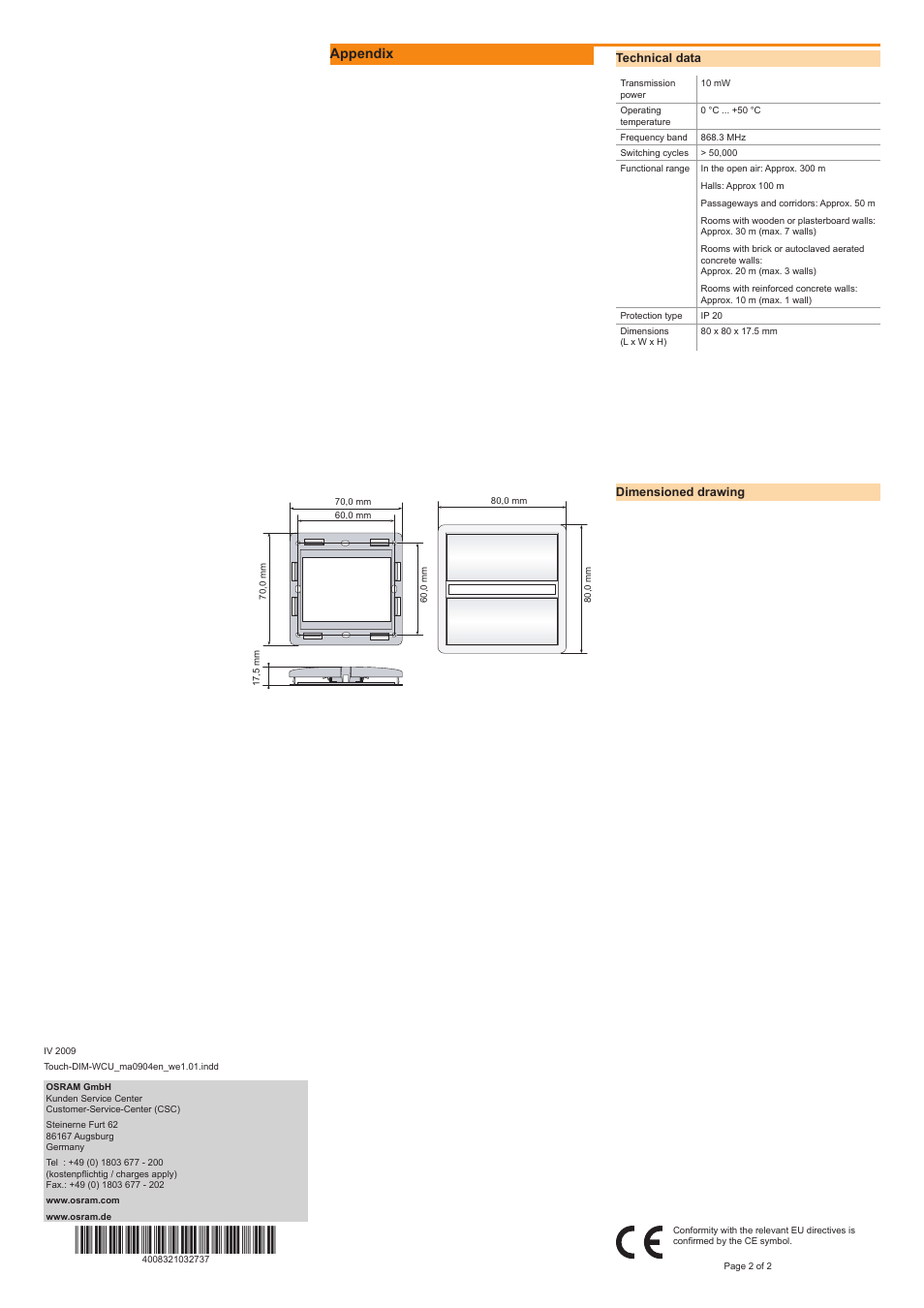 Appendix | OSRAM Touch DIM WCU User Manual | Page 2 / 2