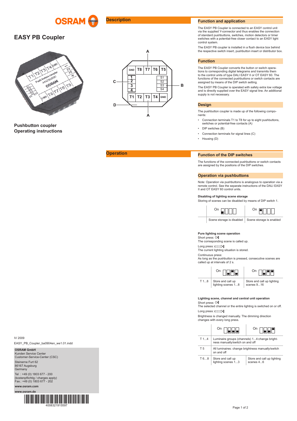 OSRAM EASY PB Coupler User Manual | 2 pages