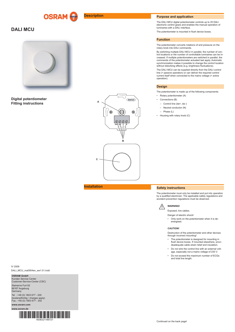 OSRAM DALI MCU User Manual | 2 pages