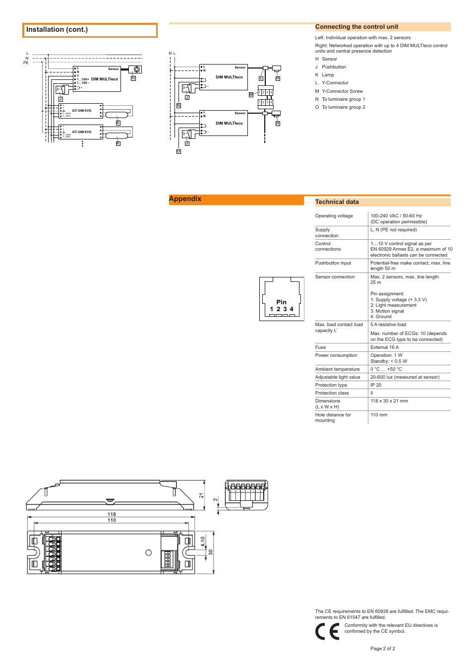 Installation (cont.), Appendix, Technical data | Connecting the control unit, 1 2 3 4 pin | OSRAM DIM MULTIeco User Manual | Page 2 / 2