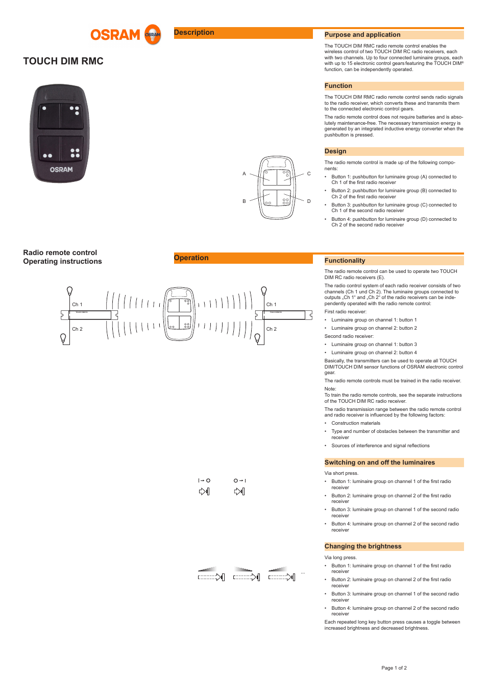 OSRAM Touch DIM RMC User Manual | 2 pages