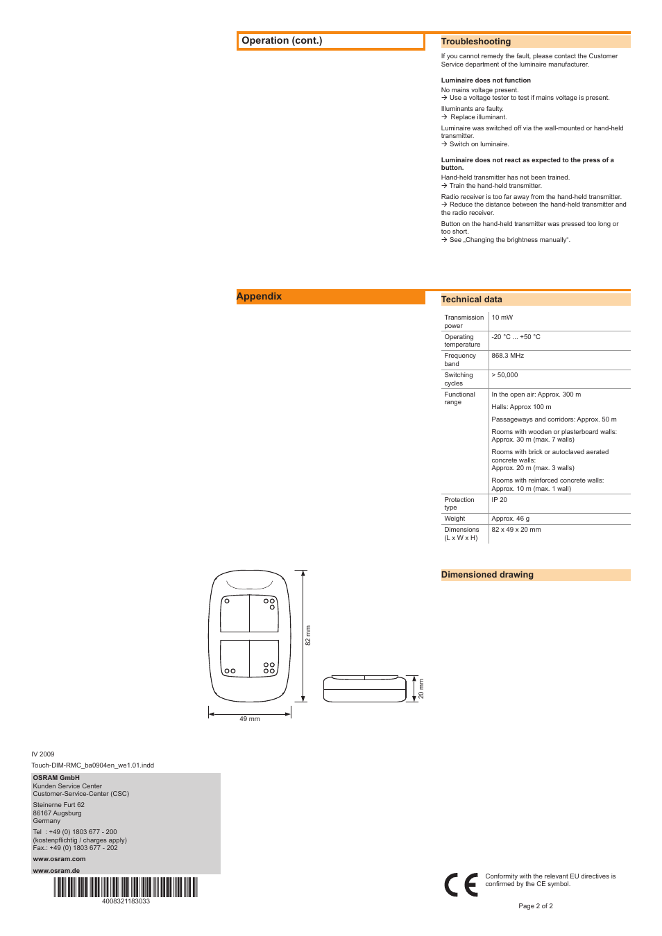 Operation (cont.), Appendix | OSRAM Touch DIM RMC User Manual | Page 2 / 2