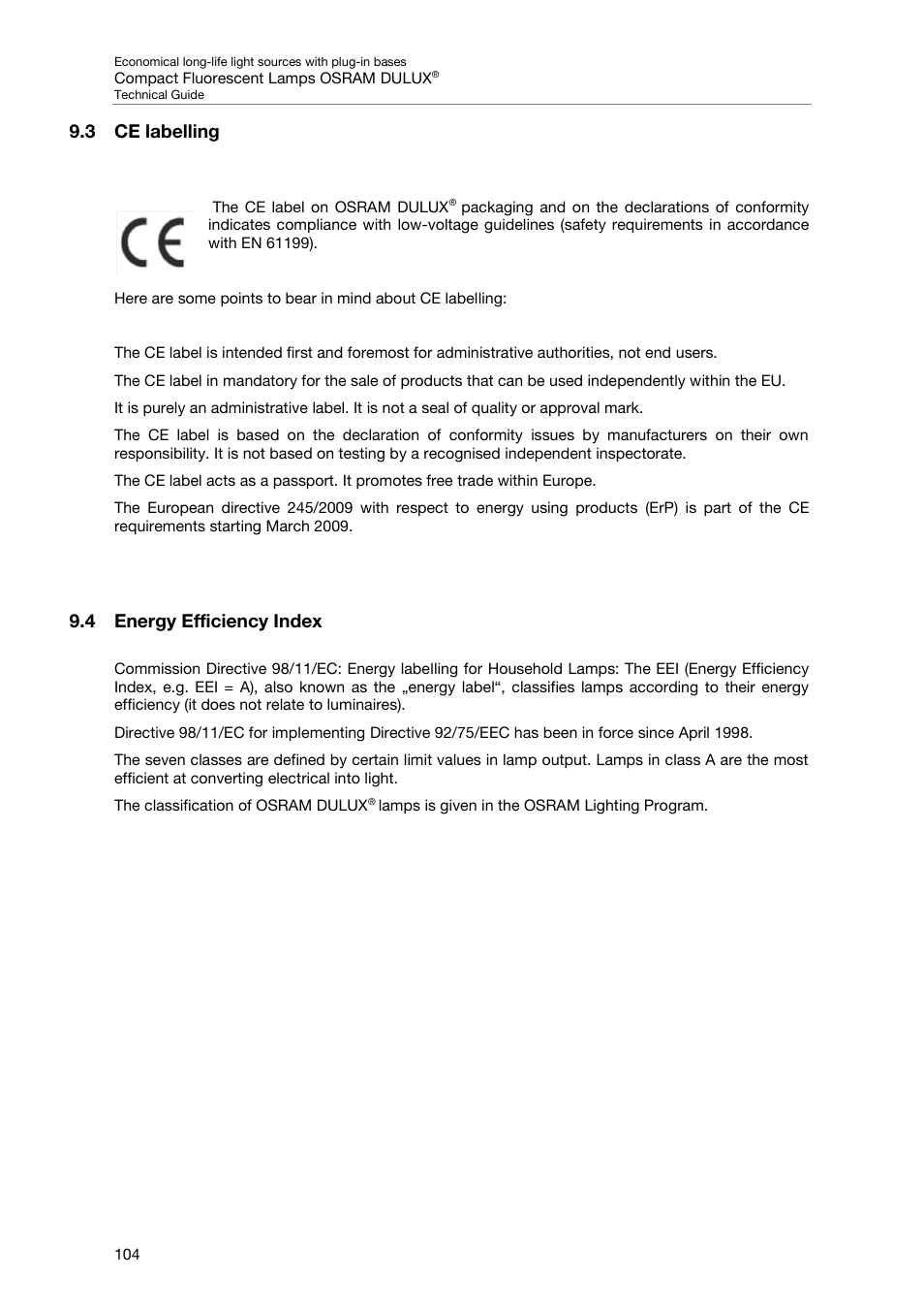 3 ce labelling, 4 energy efficiency index, 3 ce labelling 9.4 energy efficiency index | OSRAM DULUX F User Manual | Page 106 / 108