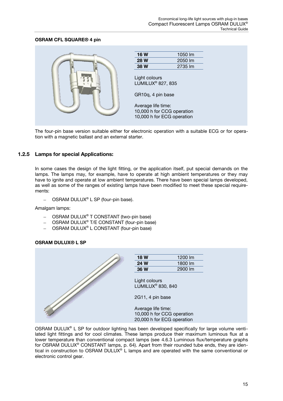 Osram cfl square® 4 pin, 5 lamps for special applications, Osram dulux® l sp | OSRAM DULUX F User Manual | Page 17 / 108