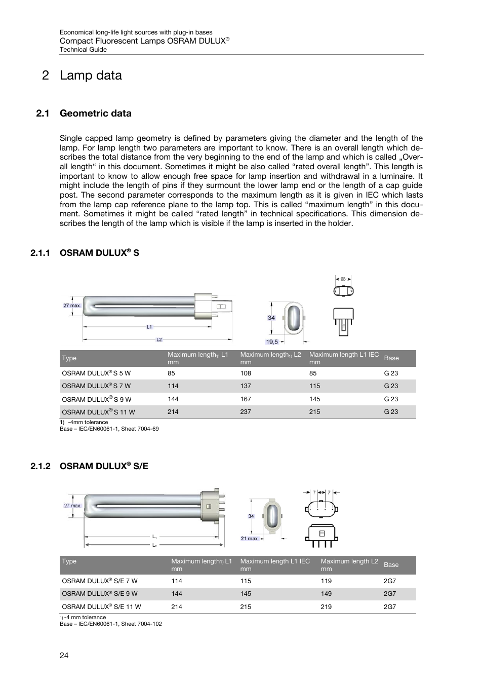 2 lamp data, 1 geometric data, 1 osram dulux® s | 2 osram dulux® s/e, Lamp data, 1 osram dulux, 2 osram dulux | OSRAM DULUX F User Manual | Page 26 / 108