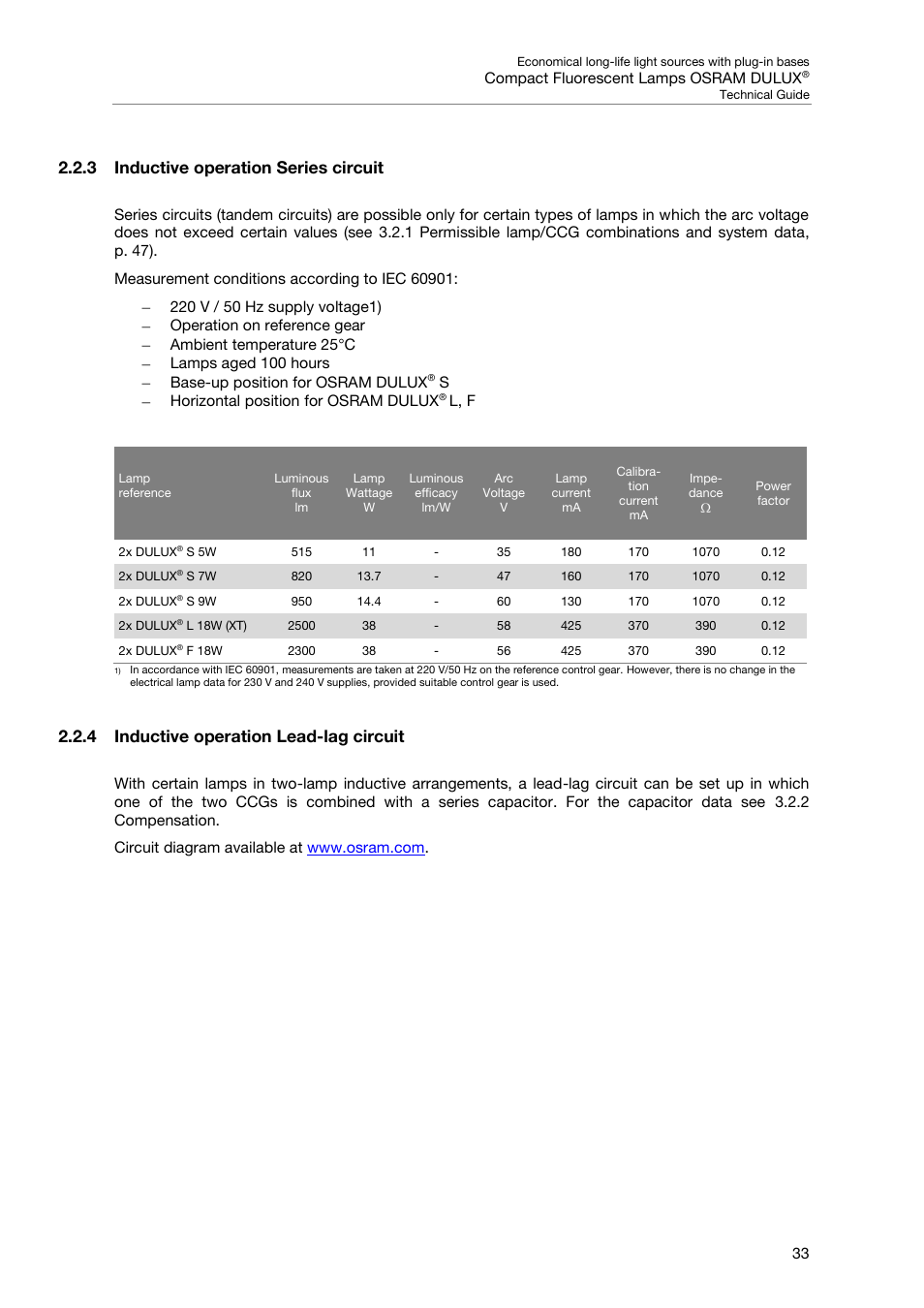 3 inductive operation series circuit, 4 inductive operation lead-lag circuit | OSRAM DULUX F User Manual | Page 35 / 108