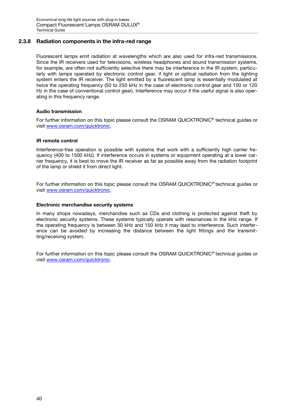 8 radiation components in the infra-red range, Audio transmission, Ir remote control | Electronic merchandise security systems | OSRAM DULUX F User Manual | Page 42 / 108