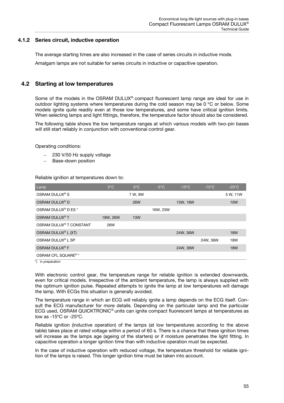 2 series circuit, inductive operation, 2 starting at low temperatures | OSRAM DULUX F User Manual | Page 57 / 108