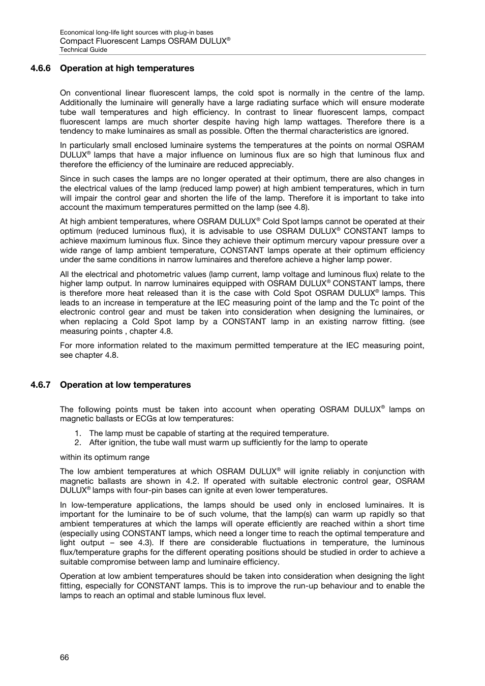 6 operation at high temperatures, 7 operation at low temperatures | OSRAM DULUX F User Manual | Page 68 / 108
