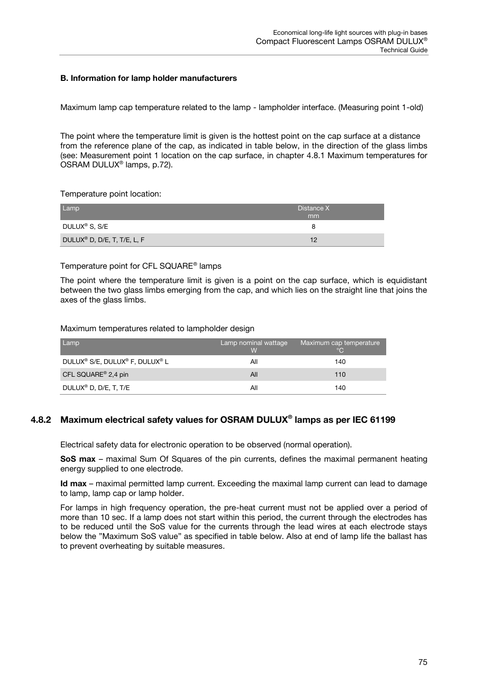 B. information for lamp holder manufacturers, 2 maximum electrical safety values for osram dulux, Lamps as per iec 61199 | OSRAM DULUX F User Manual | Page 77 / 108