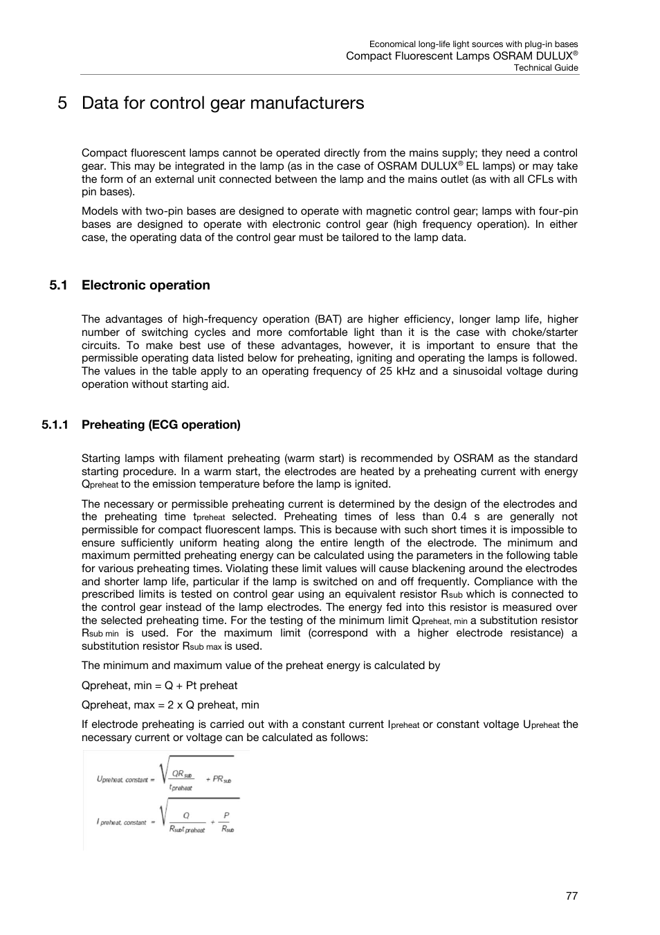 5 data for control gear manufacturers, 1 electronic operation, 1 preheating (ecg operation) | Data for control gear manufacturers | OSRAM DULUX F User Manual | Page 79 / 108