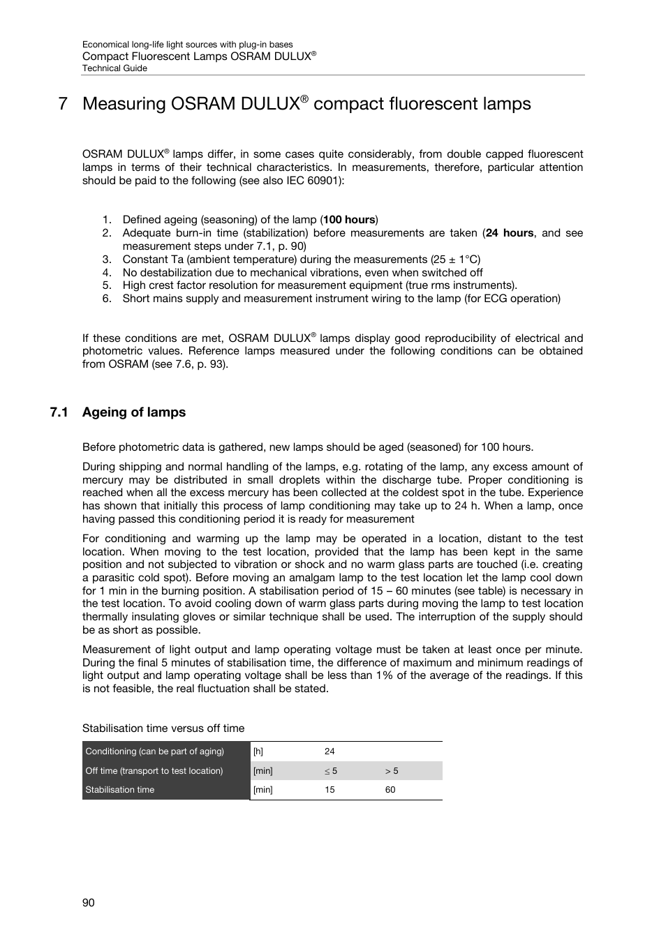 7 measuring osram dulux® compact fluorescent lamps, 1 ageing of lamps, Measuring osram dulux | Compact fluorescent lamps, 7 measuring osram dulux | OSRAM DULUX F User Manual | Page 92 / 108