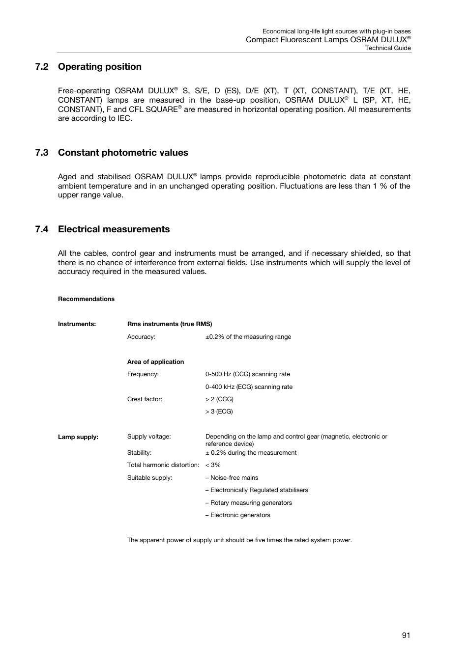 2 operating position, 3 constant photometric values, 4 electrical measurements | OSRAM DULUX F User Manual | Page 93 / 108