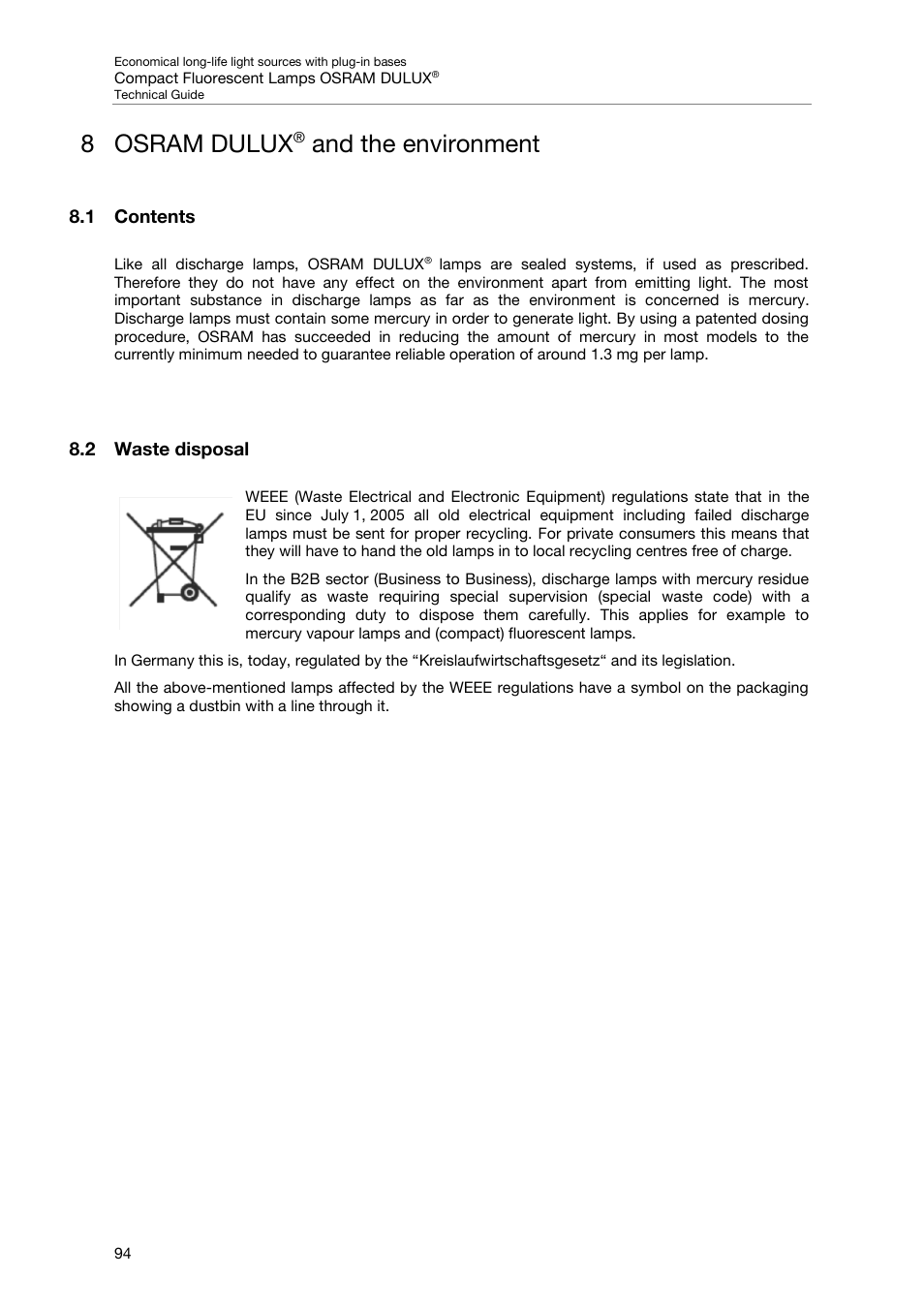 8 osram dulux® and the environment, 1 contents, 2 waste disposal | Osram dulux, And the environment, 1 contents 8.2 waste disposal, 8 osram dulux | OSRAM DULUX F User Manual | Page 96 / 108