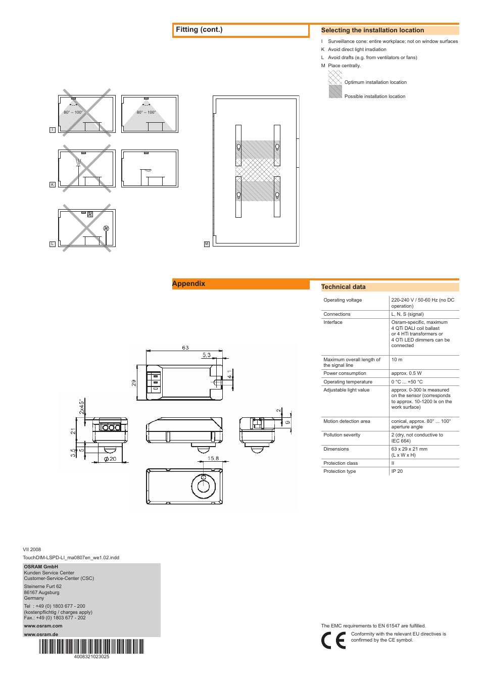 Fitting (cont.), Appendix | OSRAM Touch DIM LS User Manual | Page 2 / 2