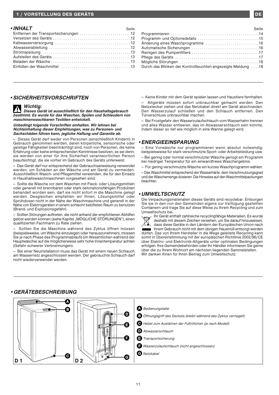 Sicherheitsvorschriften, Energieeinsparung, Umweltschutz | Gerätebeschreibung d 1 d 2, Inhalt | Fagor 1FET-107W User Manual | Page 11 / 44