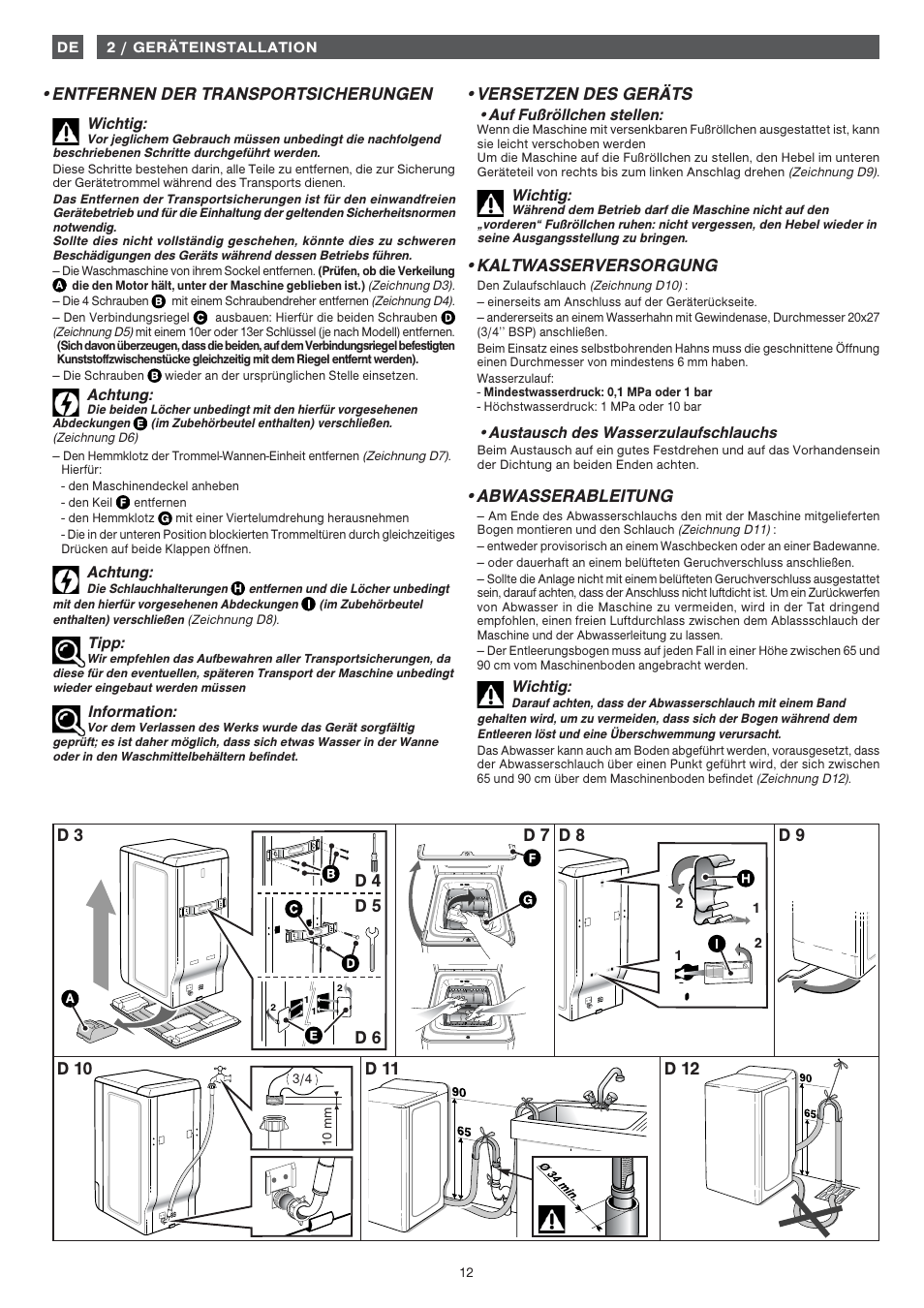 Versetzen des geräts, Kaltwasserversorgung, Abwasserableitung | Fagor 1FET-107W User Manual | Page 12 / 44