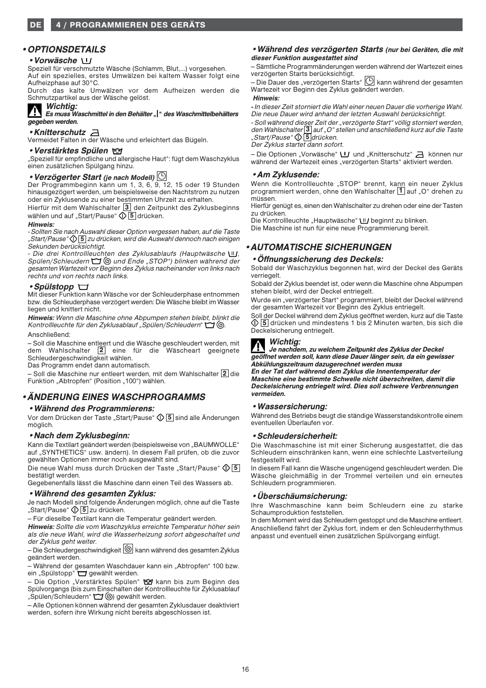 Optionsdetails, Änderung eines waschprogramms, Automatische sicherungen | Fagor 1FET-107W User Manual | Page 16 / 44