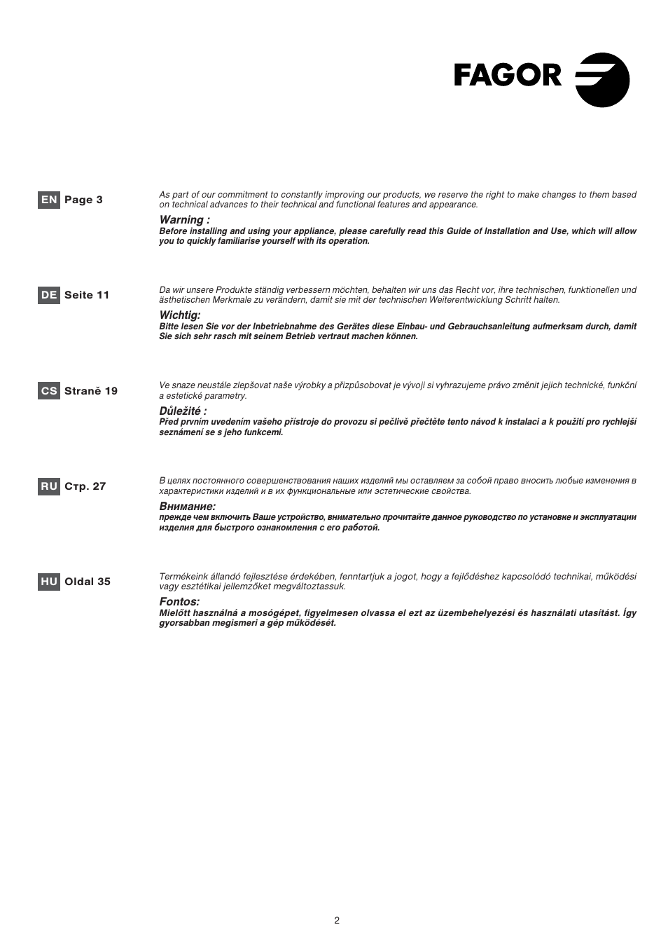 Fagor 1FET-107W User Manual | Page 2 / 44