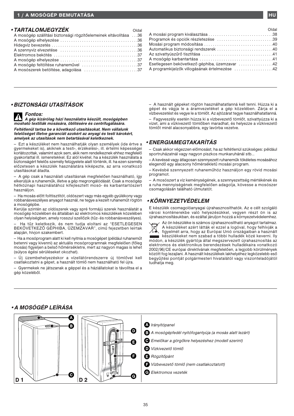 Tartalomjegyzék, A mosógép leírása d 1 d 2, Biztonsági utasítások | Energiamegtakarítás, Környezetvédelem | Fagor 1FET-107W User Manual | Page 35 / 44