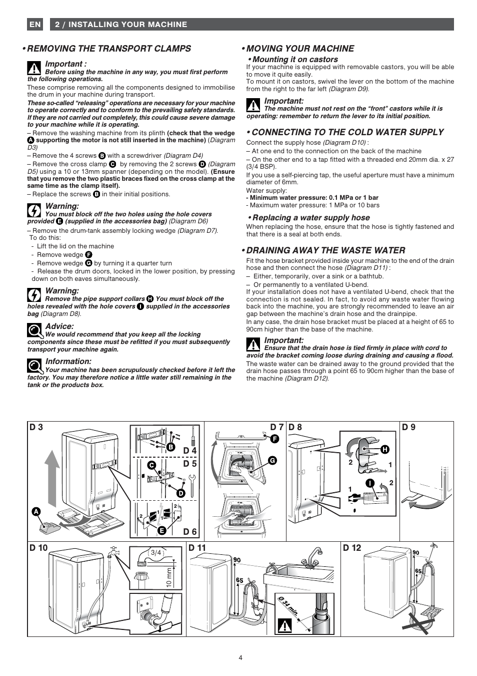 Moving your machine, Connecting to the cold water supply, Draining away the waste water | Fagor 1FET-107W User Manual | Page 4 / 44