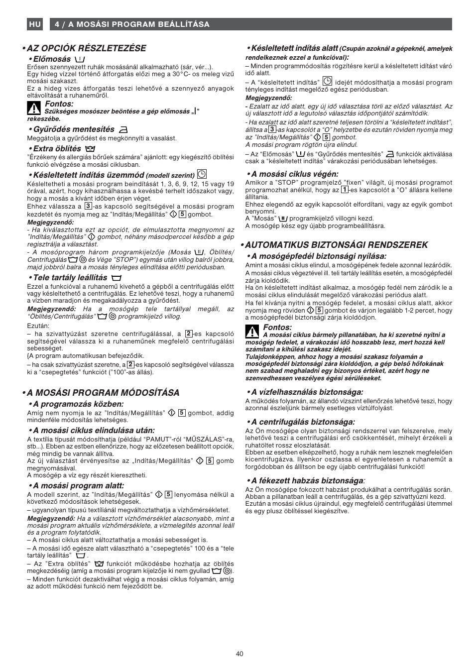 Az opciók részletezése, A mosási program módosítása, Automatikus biztonsági rendszerek | Fagor 1FET-107W User Manual | Page 40 / 44