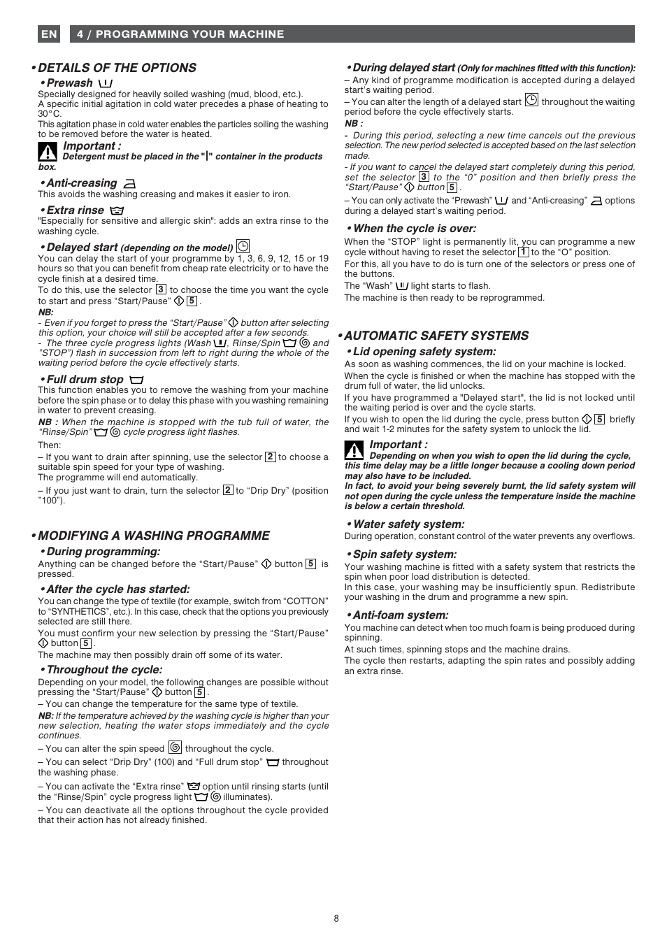 Details of the options, Modifying a washing programme, Automatic safety systems | Fagor 1FET-107W User Manual | Page 8 / 44