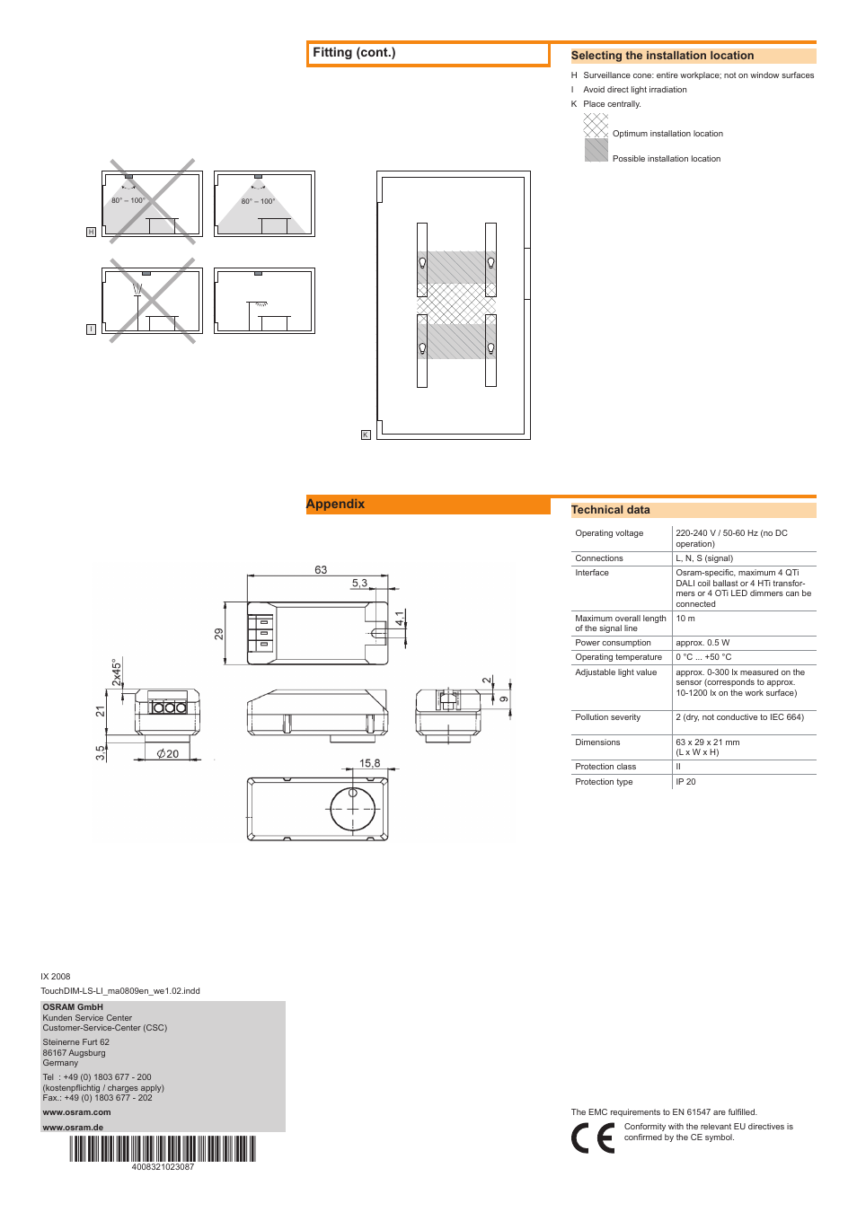 Fitting (cont.), Appendix | OSRAM Touch DIM LS LI User Manual | Page 2 / 2