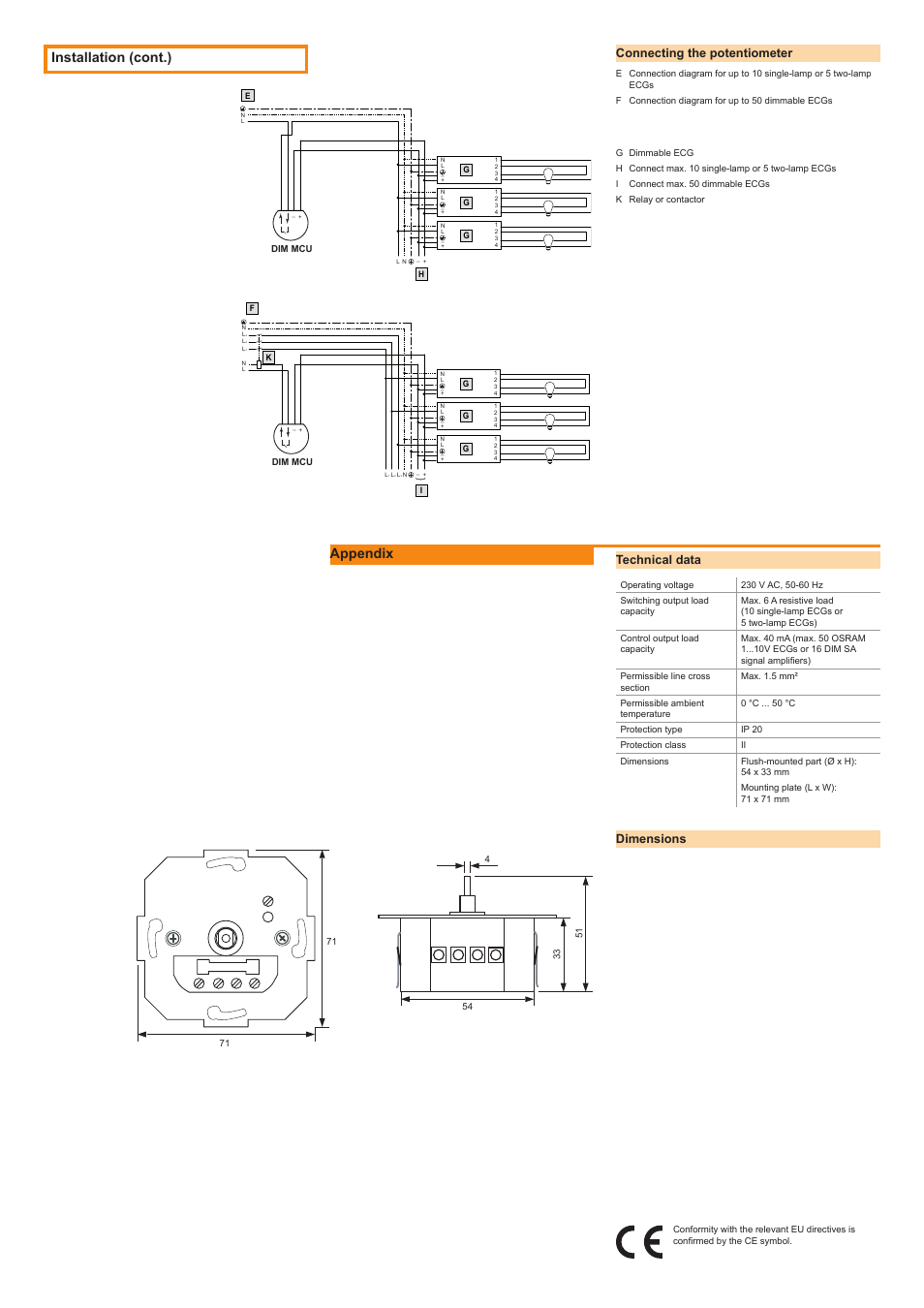Installation (cont.), Appendix, Connecting the potentiometer | Technical data, Dimensions | OSRAM DIM MCU User Manual | Page 2 / 2