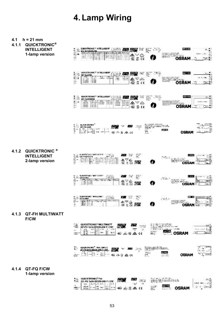 Lamp wiring | OSRAM QUICKTRONIC-M ECG for circular FL 16 mm User Manual | Page 54 / 93