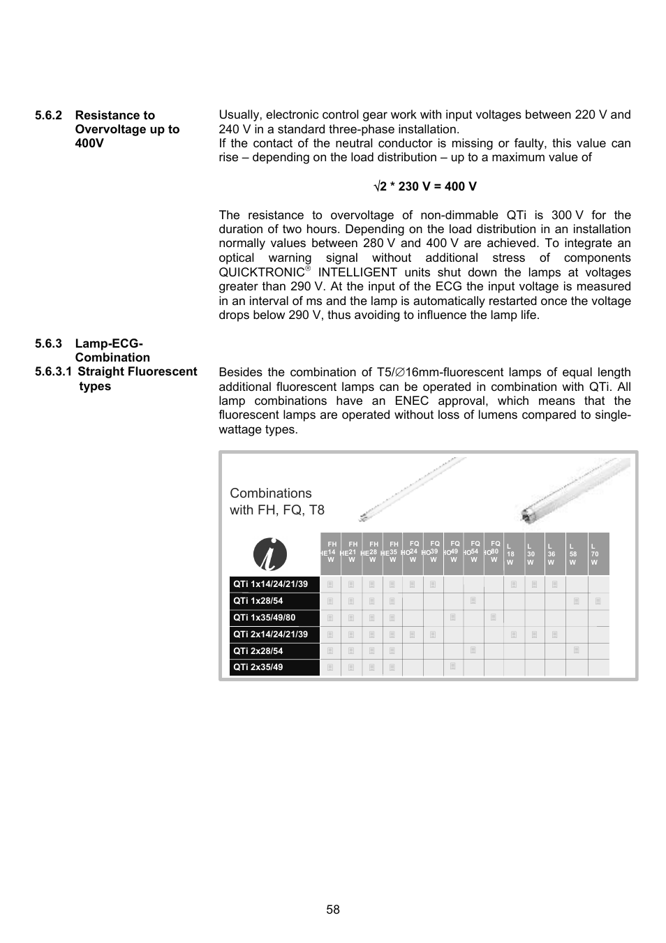 Combinations with fh, fq, t8 | OSRAM QUICKTRONIC-M ECG for circular FL 16 mm User Manual | Page 59 / 93