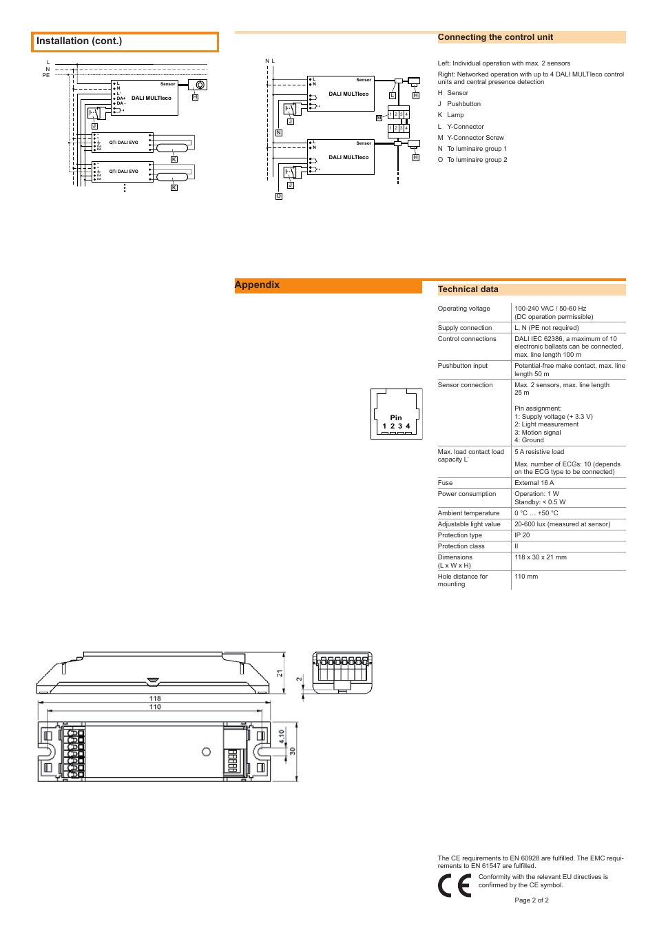 Installation (cont.) appendix, Technical data, Connecting the control unit | OSRAM DALI MULTIeco User Manual | Page 2 / 2