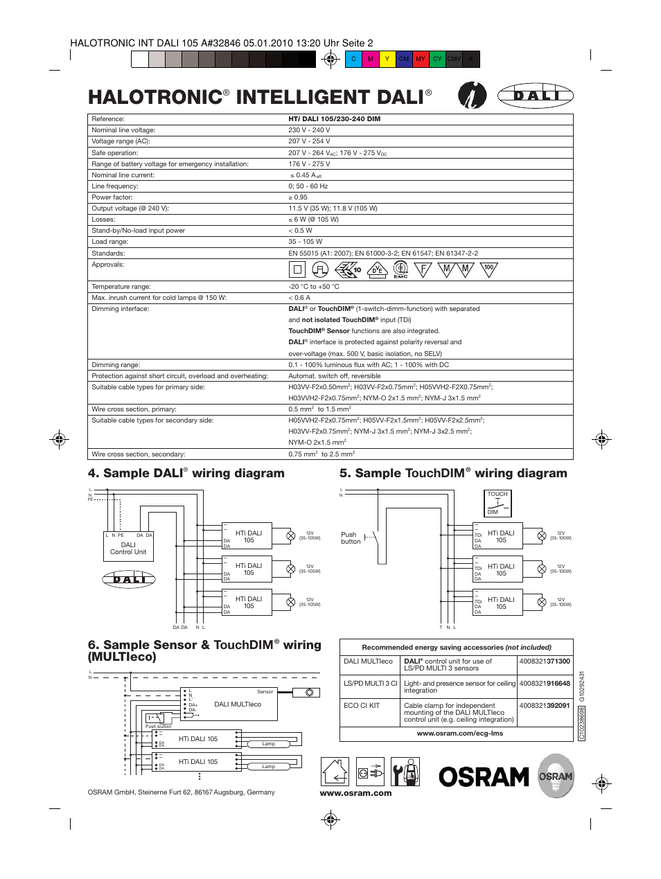 Halotronic, Intelligent dali, Sample touchdim | Wiring diagram, Sample dali, Wiring diagram 6. sample sensor & touchdim, Wiring (multieco) | OSRAM HALOTRONIC Electronic transformers HTi User Manual | Page 2 / 2