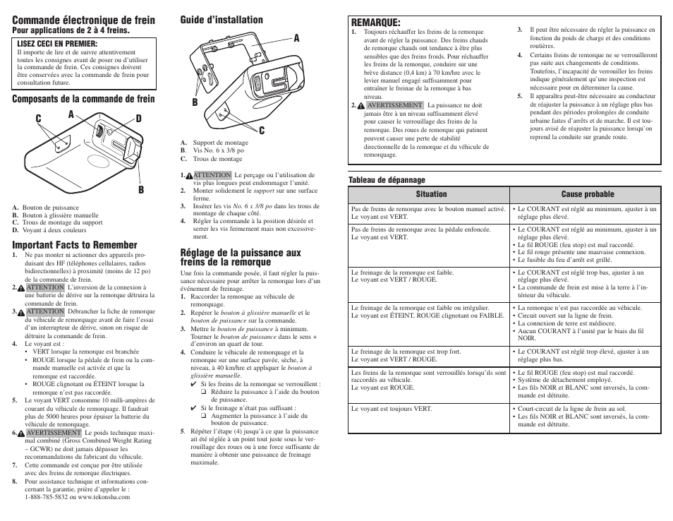 Commande électronique de frein, Composants de la commande de frein, Important facts to remember | Db a c, Guide d’installation, Réglage de la puissance aux freins de la remorque, Ac b, Remarque | Pro Series 80500 POD FOR 1 AND 2 AXLE TRAILERS User Manual | Page 2 / 4