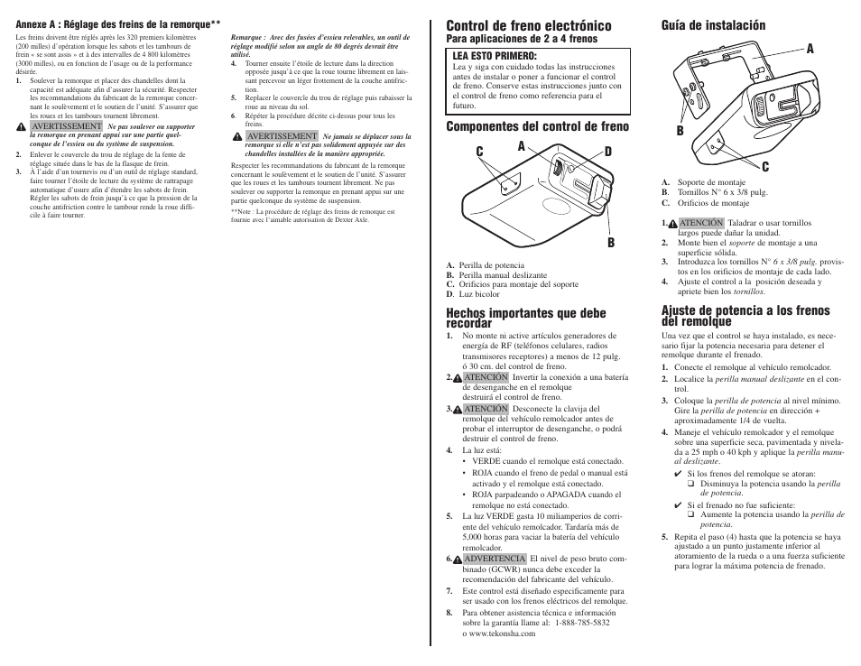 Control de freno electrónico, Componentes del control de freno, Hechos importantes que debe recordar | Db a c guía de instalación, Ajuste de potencia a los frenos del remolque, Ac b | Pro Series 80500 POD FOR 1 AND 2 AXLE TRAILERS User Manual | Page 3 / 4