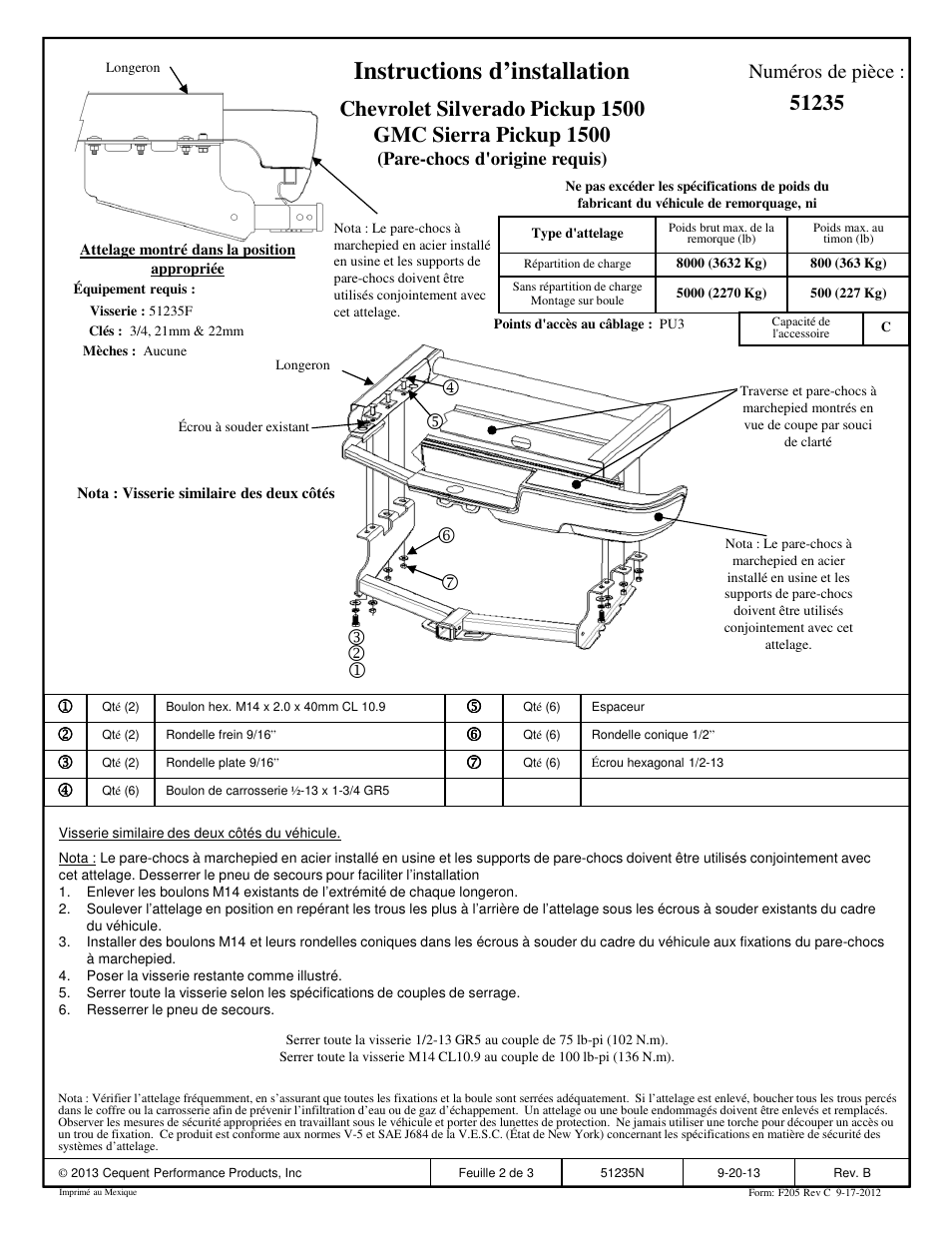 Instructions d’installation, Numéros de pièce | Pro Series 51235 51 Receiver User Manual | Page 2 / 3