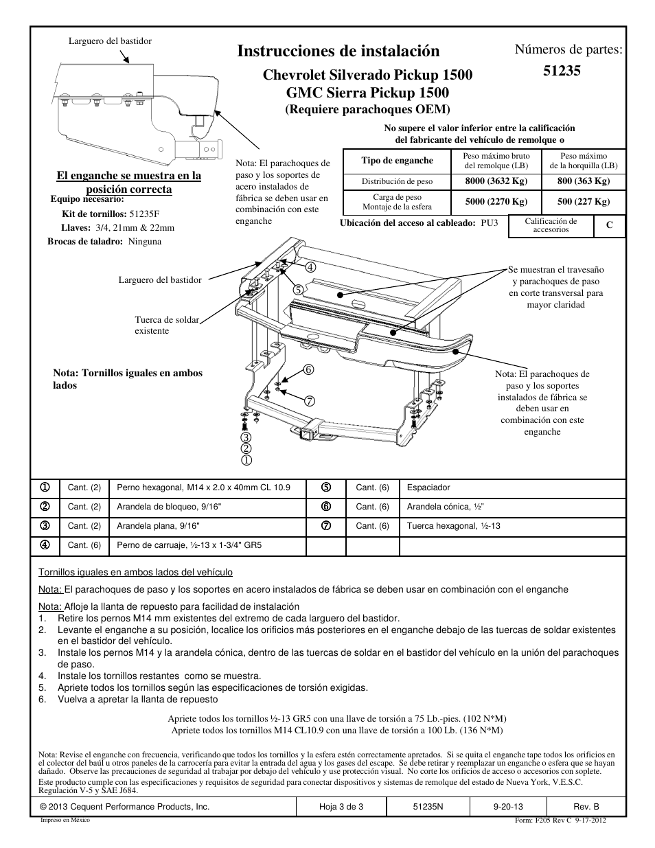 Instrucciones de instalación, Números de partes | Pro Series 51235 51 Receiver User Manual | Page 3 / 3