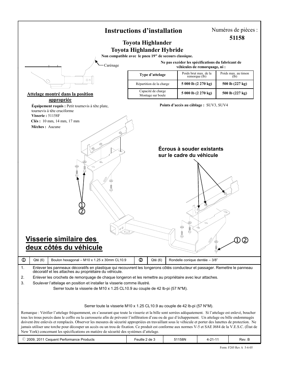 Instructions d’installation, Visserie similaire des deux côtés du véhicule, Toyota highlander toyota highlander hybride | Numéros de pièces | Pro Series 51158 51 Receiver User Manual | Page 2 / 3
