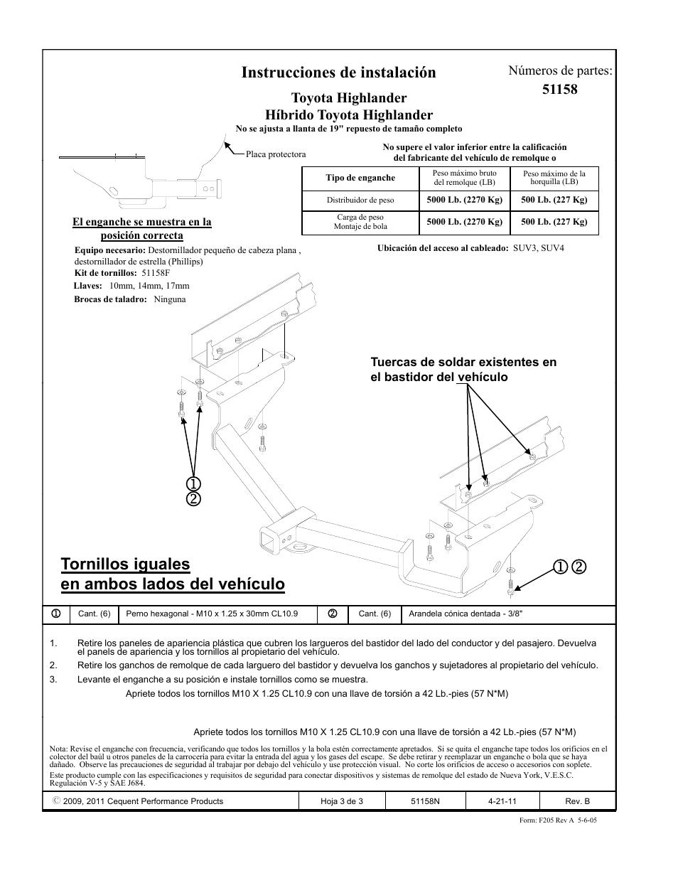 Instrucciones de instalación, Tornillos iguales en ambos lados del vehículo, Toyota highlander híbrido toyota highlander | Números de partes | Pro Series 51158 51 Receiver User Manual | Page 3 / 3
