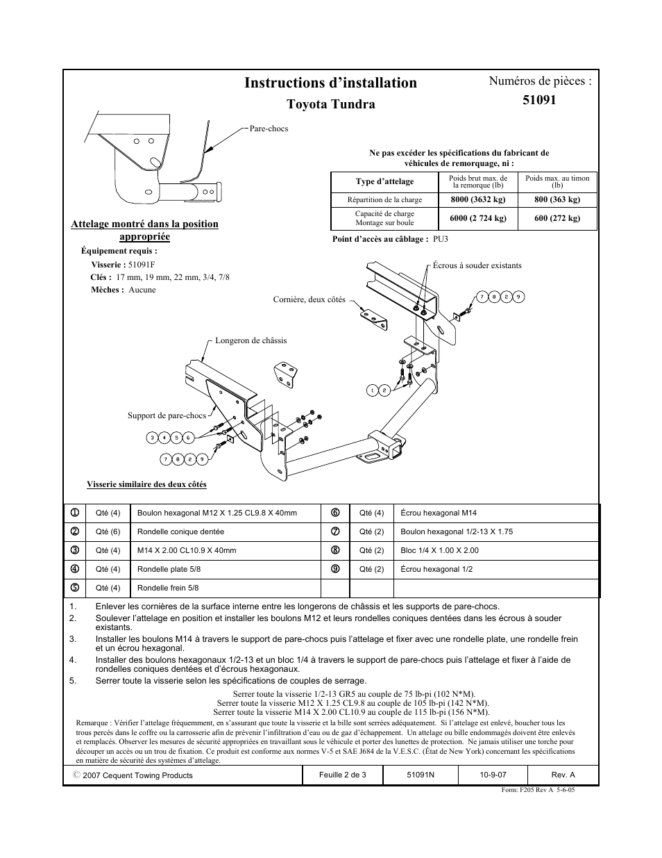 Instructions d’installation, Toyota tundra, Numéros de pièces | Pro Series 51091 51 Receiver User Manual | Page 2 / 3