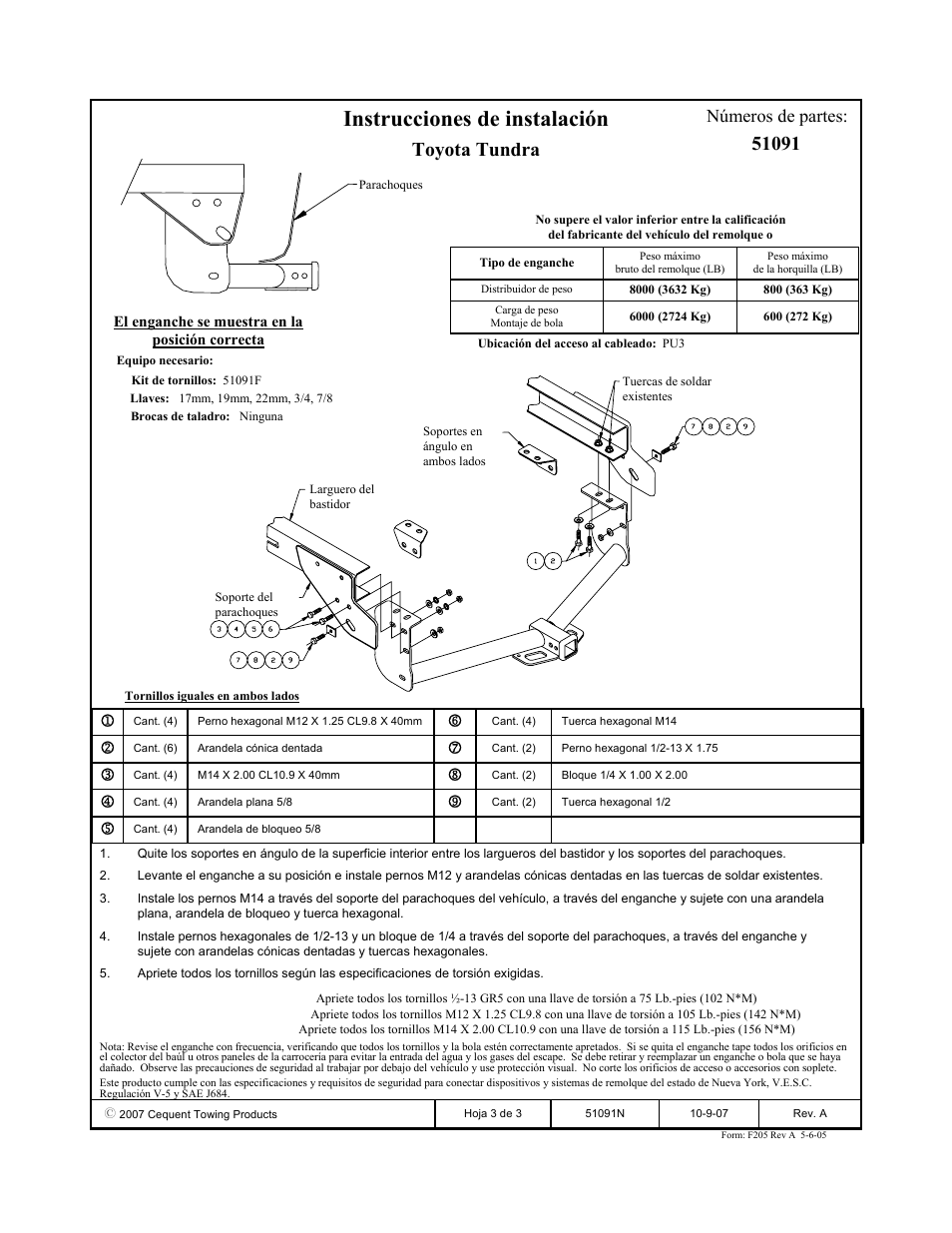 Instrucciones de instalación, Toyota tundra, Números de partes | Pro Series 51091 51 Receiver User Manual | Page 3 / 3