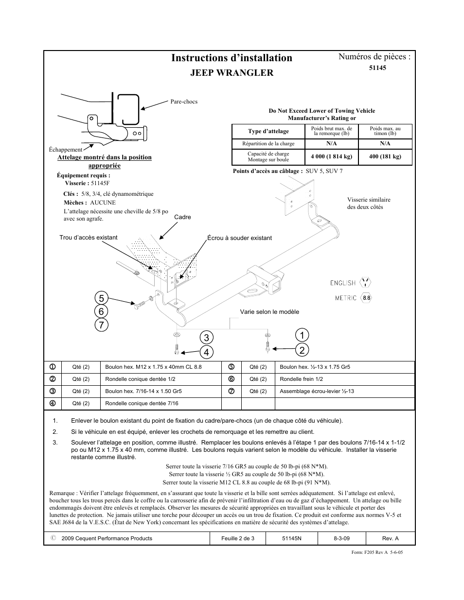 Instructions d’installation, Jeep wrangler, Numéros de pièces | Pro Series 51145 51 Receiver User Manual | Page 2 / 3