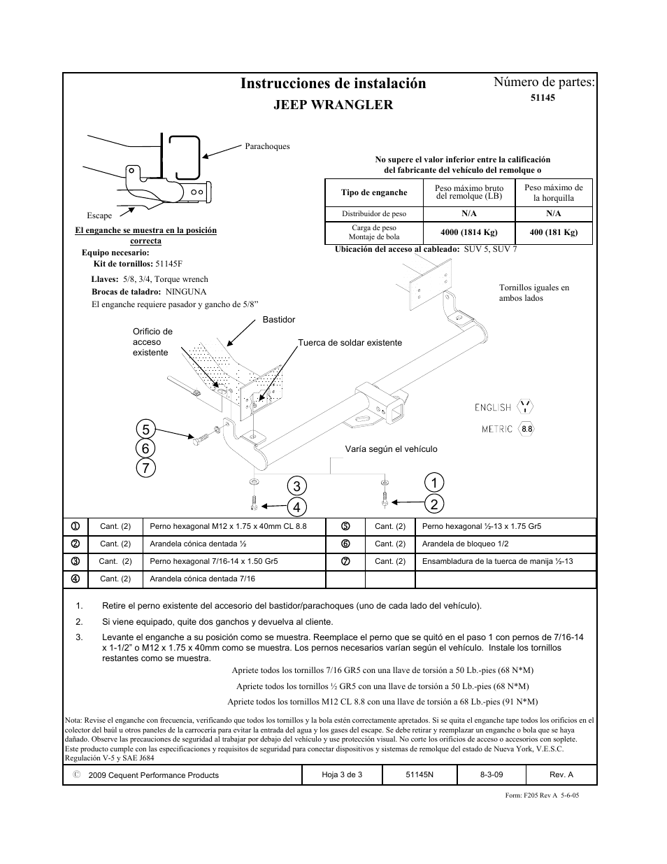 Instrucciones de instalación, Jeep wrangler número de partes | Pro Series 51145 51 Receiver User Manual | Page 3 / 3
