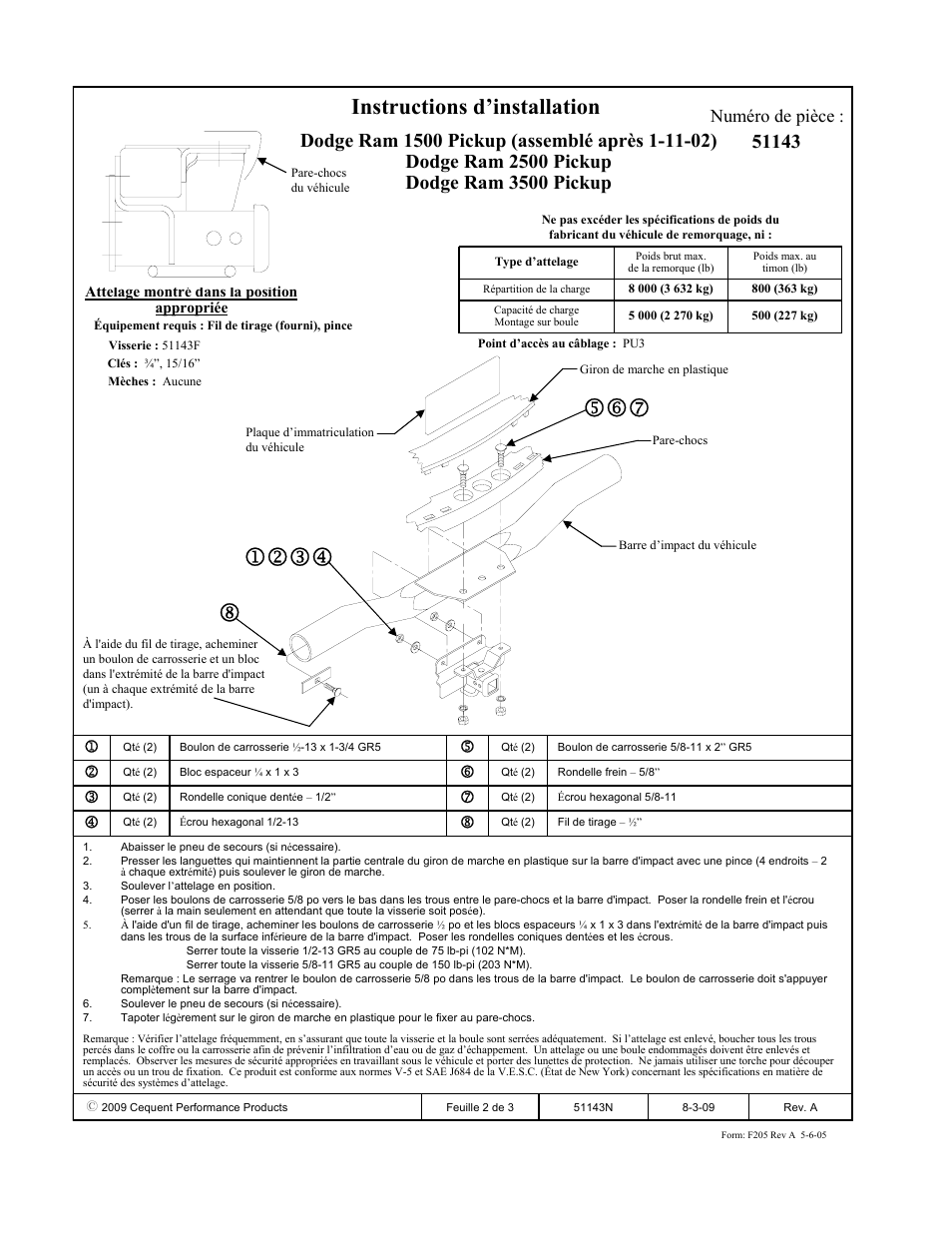 Instructions d’installation, Numéro de pièce | Pro Series 51143 51 Receiver User Manual | Page 2 / 3