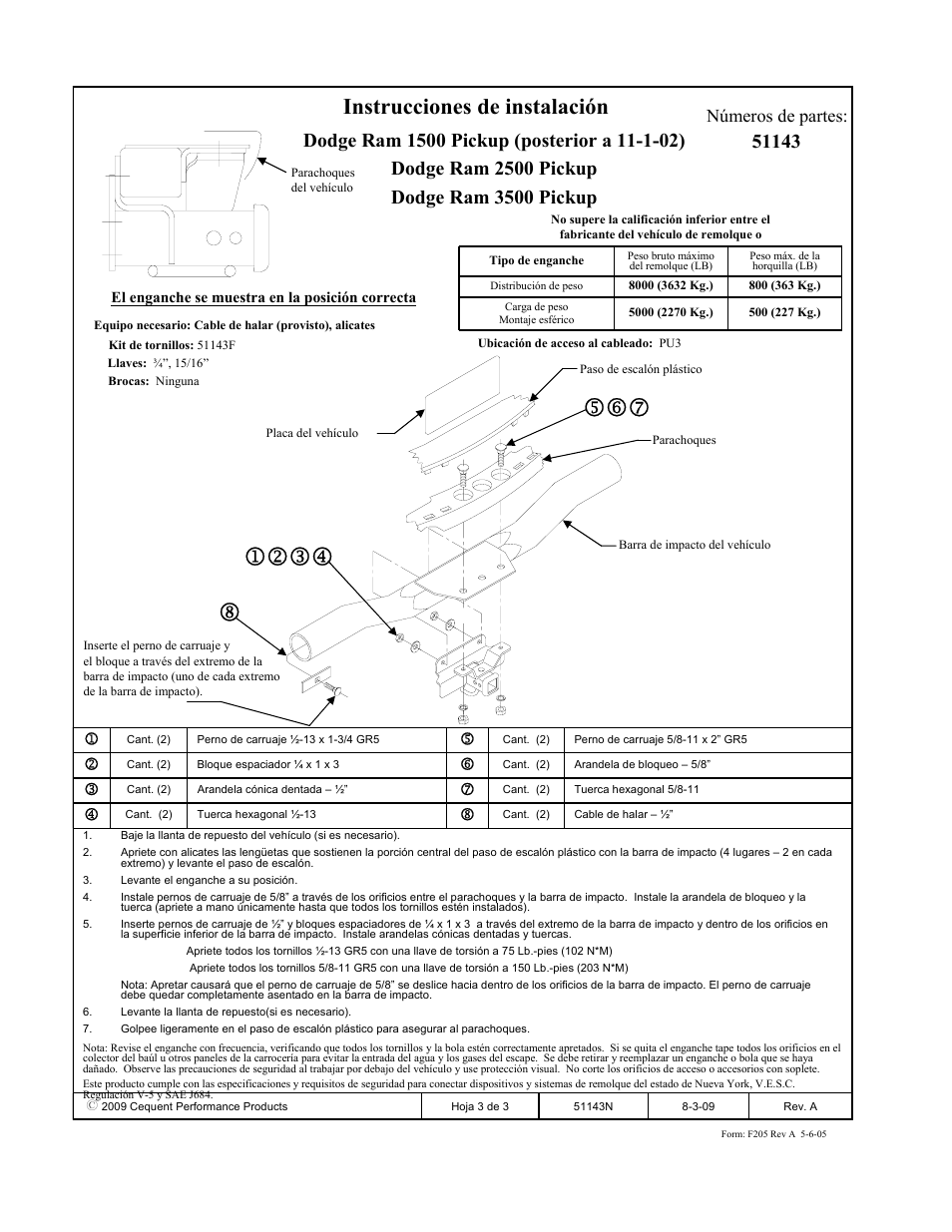 Instrucciones de instalación, Números de partes | Pro Series 51143 51 Receiver User Manual | Page 3 / 3