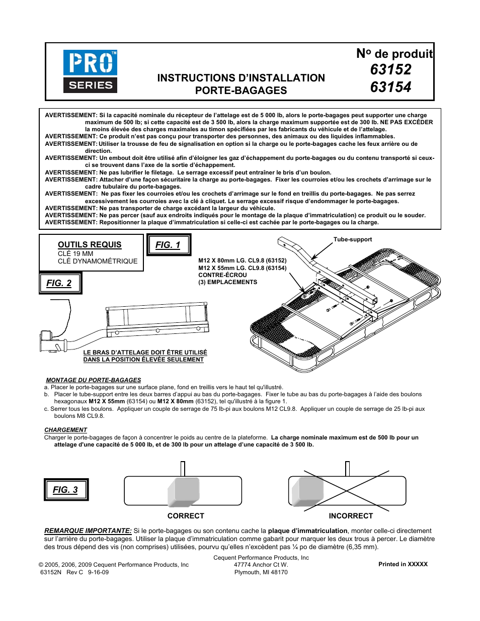 De produit, Instructions d’installation porte-bagages, Fig. 1 | Fig. 3, Fig. 2 | Draw-Tite 63152 CARGO CARRIER User Manual | Page 2 / 3