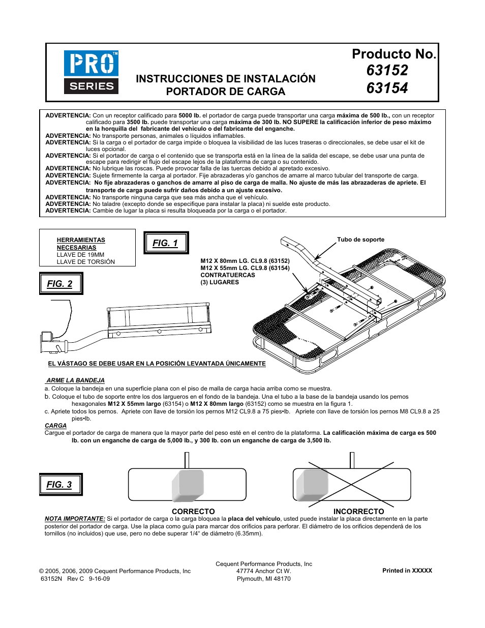 Producto no, Instrucciones de instalación portador de carga, Fig. 1 | Fig. 3, Fig. 2 | Draw-Tite 63152 CARGO CARRIER User Manual | Page 3 / 3