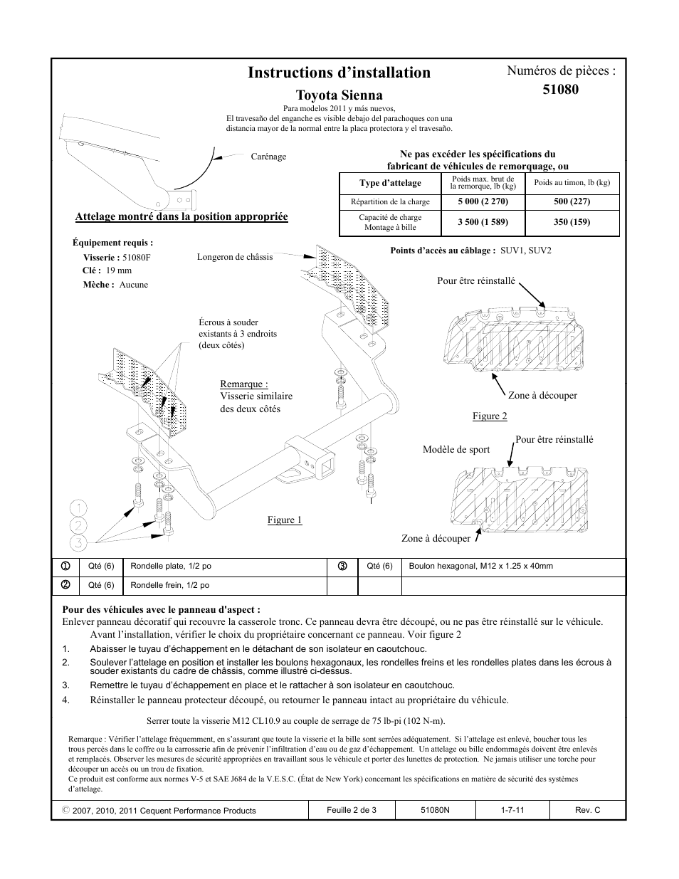 Instructions d’installation, Toyota sienna, Numéros de pièces | Pro Series 51080 51 Receiver User Manual | Page 2 / 3